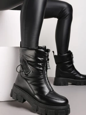 Czarne Śniegowce z Ekoskóry z Ozdobnym Suwakiem i Napisem Veneria