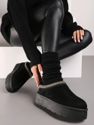 Czarne Śniegowce z Haftowanym Paseczkiem na Platformie Iridalia