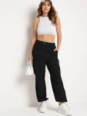 Czarne Spodnie Bojówki z Wysokim Stanem z Gumką w Pasie z Kieszeniami Biorella h&s