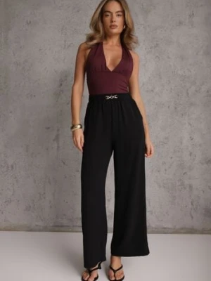 Czarne Spodnie Casual Wide Leg High Waist Zdobione Klamerką w Talii Cythiopis Daysie