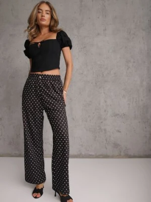 Czarne Spodnie Casual Wide Leg High Waist Zdobione Wzorem w Kropki Oceasa daysie