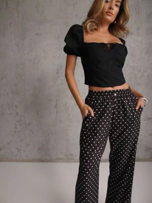 Czarne Spodnie Casual Wide Leg High Waist Zdobione Wzorem w Kropki Oceasa daysie
