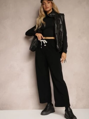 Czarne Spodnie Dresowe Prążkowane o Szerokim Kroju High Waist Iriallia