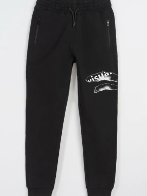 Czarne spodnie dresowe z kontrastowym nadrukiem z boku Reporter