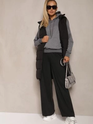 Czarne Spodnie Dzianinowe o Szerokim Kroju High Waist z Gumką w Pasie i Sznurkiem Creitta defox