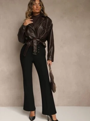 Czarne Spodnie Dzwony High Waist Ozdobione Metalicznymi Aplikacjami Avonelle