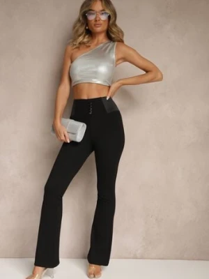 Czarne Spodnie Dzwony z Wiskozą i Bawełną High Waist Ozdobione Guzikami Doliella
