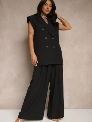 Czarne Spodnie Garniturowe o Szerokim Kroju High Waist Peavelle