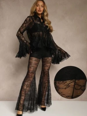 Czarne Spodnie High Waist o Kroju Dzwonów z Koronki Ferella