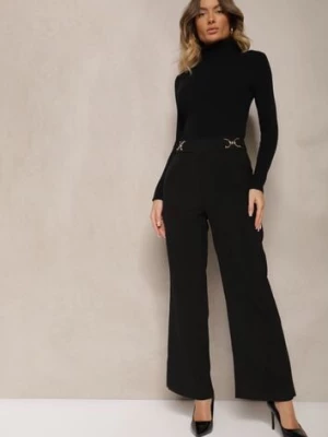 Zdjęcie produktu Czarne Spodnie High Waist o Szerokim Fasonie z Paskiem i Złotym Metalicznym Detalem Eniarra