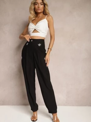 Czarne Spodnie High Waist Ozdobione Cyrkoniami Sajara