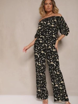 Czarne Spodnie High Waist w Kwiatowy Wzór Zolsedi