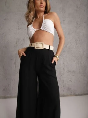 Czarne Spodnie High Waist Wide Leg z Wiskozą z Plecionym Paskiem Aridine elsa.m by may
