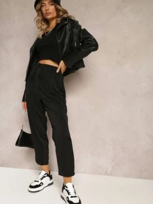 Czarne Spodnie High Waist z Gumką i Troczkiem w Pasie oraz Kieszeniami Arlettia rosa