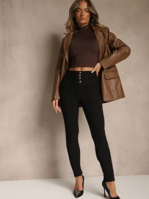 Czarne Spodnie High Waist z Gumką w Talii i Ozdobną Imitacją Guzików Wedevire queene