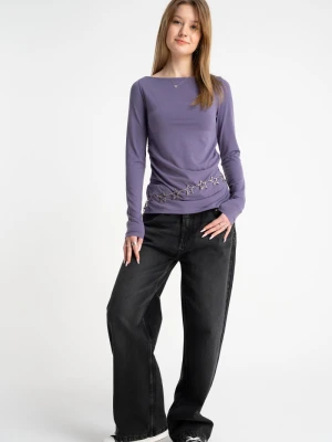 Czarne spodnie jeansowe STRAIGHT z ozdobnymi dżetami zapinane na zamek Reporter