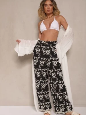 Czarne Spodnie o Szerokim Kroju High Waist Ozdobione Haftem Issedi rosa