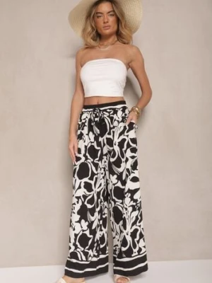 Czarne Spodnie o Szerokim Kroju High Waist w Kwiaty Nelrive h&s