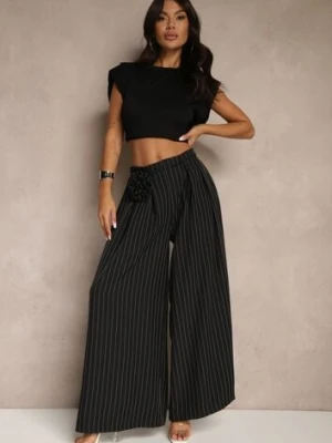 Czarne Spodnie Palazzo High Waist Ozdobione Broszką Kwiatem Folassea
