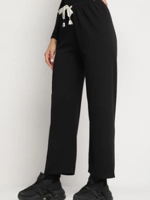 Czarne Spodnie Szerokie w Prażki z Troczkiem w Pasie z Wysokim Stanem Saimira