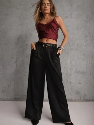 Czarne Spodnie Szerokie z Dodatkiem Bawełny High Waist z Metaliczną Klamrą Azaerixis