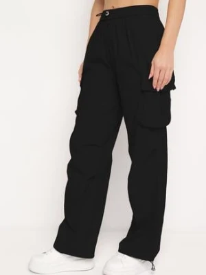 Czarne Spodnie Typu Bojówki z Gumką w Pasie i Ściągaczami przy Nogawkach Bioliana h&s