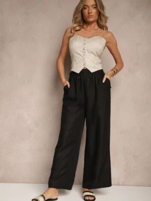 Czarne Spodnie Typu Palazzo High Waist o Szerokim Kroju Arathira