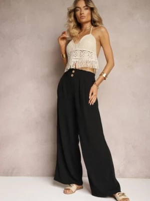 Czarne Spodnie w Stylu Alladynek High Waist Wykończone Gumką w Pasie Riselma