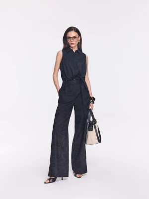 Czarne spodnie wide leg z haftem w kwiaty Taranko