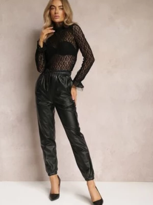 Czarne Spodnie Wykończone Polarem z Gumką w Pasie i na Nogawkach Franira defox