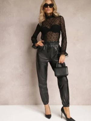 Czarne Spodnie Wykończone Polarem z Gumką w Pasie i na Nogawkach Franira defox