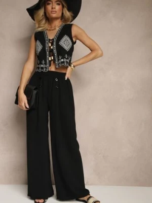 Czarne Spodnie z Bawełną o Szerokim Kroju High Waist Ozdobione Guzikami Morritia