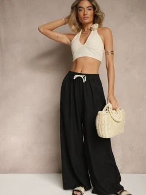 Czarne Spodnie z Bawełną o Szerokim Kroju High Waist z Wiązaniem Noleldi