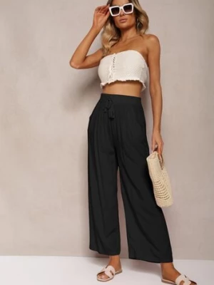 Czarne Spodnie z Bawełny o Kroju Alladynek High Waist Wykończone Gumką w Talii Rissalis airisa