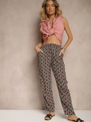 Czarne Spodnie z Bawełny o Prostym Kroju z Gumką w Pasie w Geometryczny Print Avelriz defox