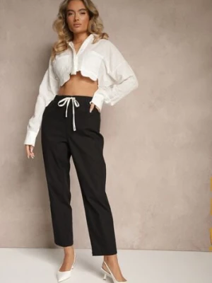 Czarne Spodnie z Bawełny z Ozdobnym Wiązaniem Siltebia h&s