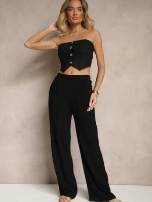Czarne Spodnie z Lnem i Bawełną o Szerokim Kroju High Waist Sallieta
