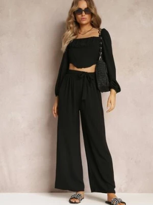 Czarne Spodnie z Szerokimi Nogawkami i Doszytym Paskiem w Talii Atita j&x