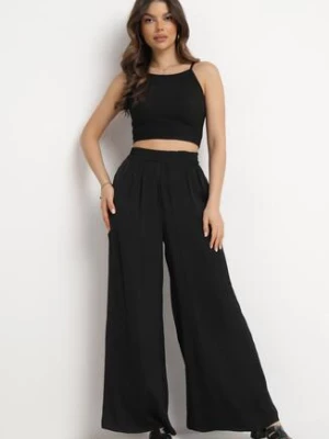 Czarne Spodnie z Szerokimi Nogawkami i Gumką w Pasie Myrddin rosa