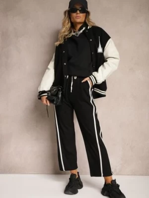 Czarne Spodnie z Wiskozą High Waist o Szerokim Kroju Ozdobione Lamówką Lulora