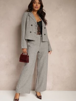 Czarno-Beżowe Spodnie z Wiskozą High Waist o Szerokim Kroju w Pepitkę Enithra sophyline