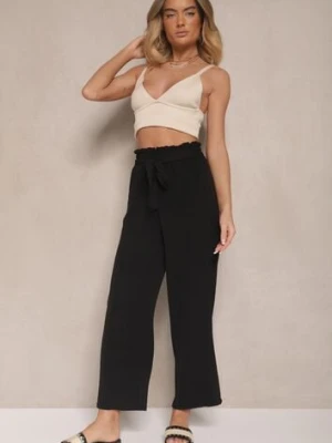 Czarne Spodnie z Wiskozą o Szerokim Kroju High Waist z Wiązaniem Ivelwia