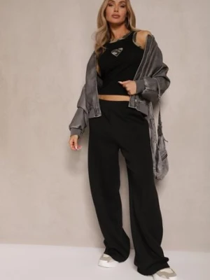 Czarne Spodnie z Wiskozą o Szerokim Kroju Ozdobione Kantem Belhira j studio