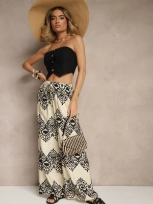 Zdjęcie produktu Czarne Spodnie z Wiskozy o Szerokim Kroju High Waist ze Wzorem Boho Neolissea