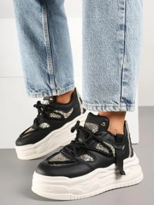 Czarne Streetwearowe Sneakersy na Platformie z Brokatem i Aplikacjami Maivessa