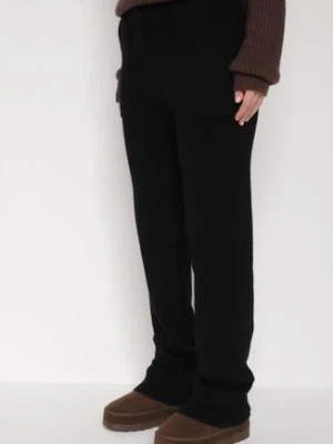 Czarne Sweterkowe Spodnie z Wełną z Ozdobnymi Kieszeniami Monilana