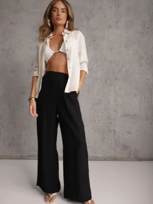 Czarne Szerokie Spodnie Casual High Waist ze Strukturalnej Tkaniny Hyrarpia melya by melody
