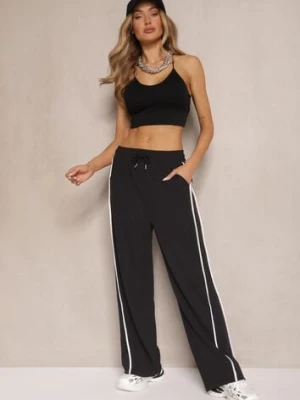 Czarne Szerokie Spodnie Dresowe High Waist Zdobione Lampasami Sopaline