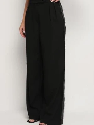 Czarne Szerokie Spodnie High Waist Ozdobione Kieszeniami Zinnoria lefon