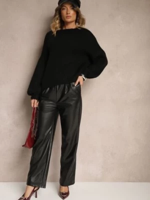 Czarne Szerokie Spodnie High Waist z Imitacji Skóry Narlemi defox